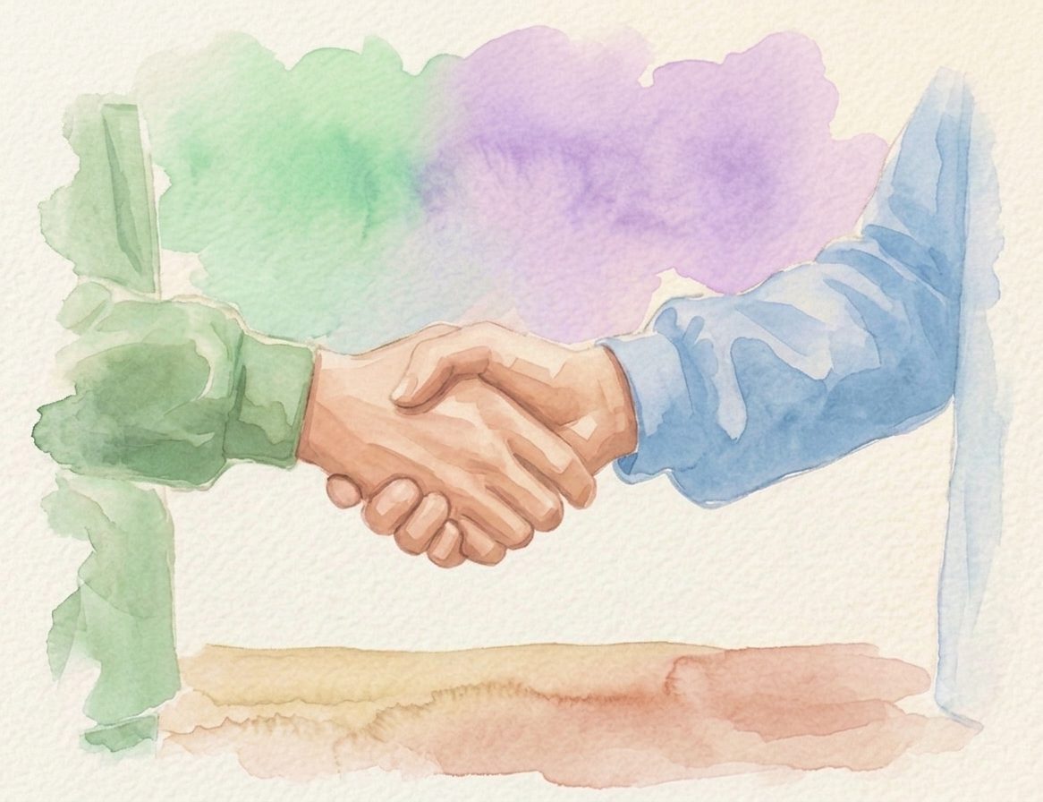 Aquarelle d'un ostéopathe accompagnant un patient au cabinet dentaire RIVES à Annecy