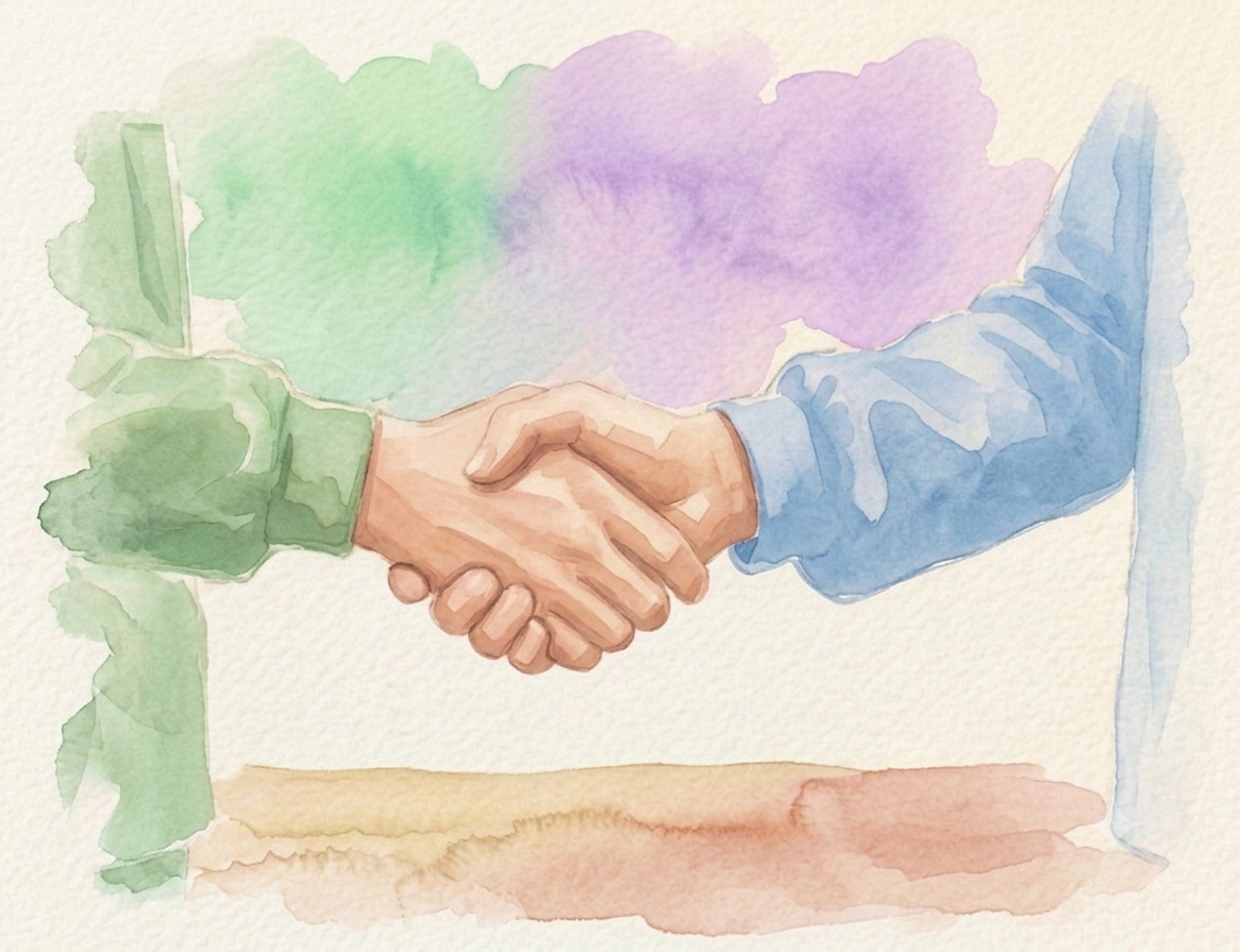Aquarelle d'une ostéopathe accompagnant un patient au cabinet dentaire RIVES à Annecy