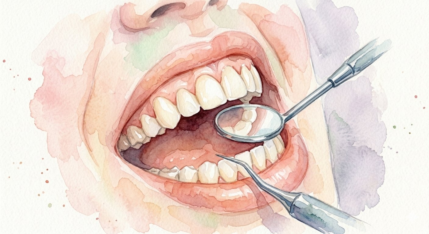 Aquarelle d'une bouche avec instruments de chirurgie dentaire
