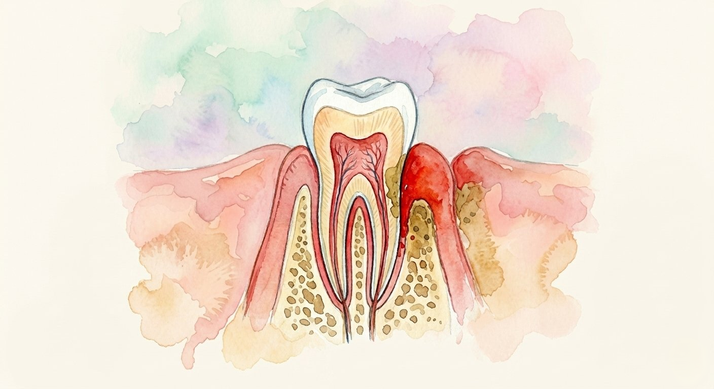 Aquarelle anatomique d'une dent et de la gencive