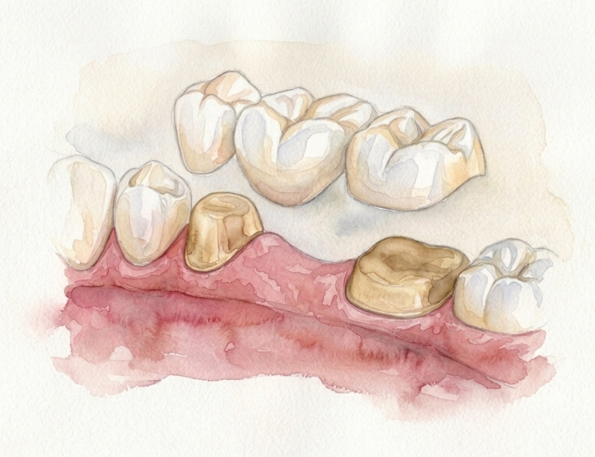 Aquarelle d'une prothèse dentaire (bridge) sur la gencive